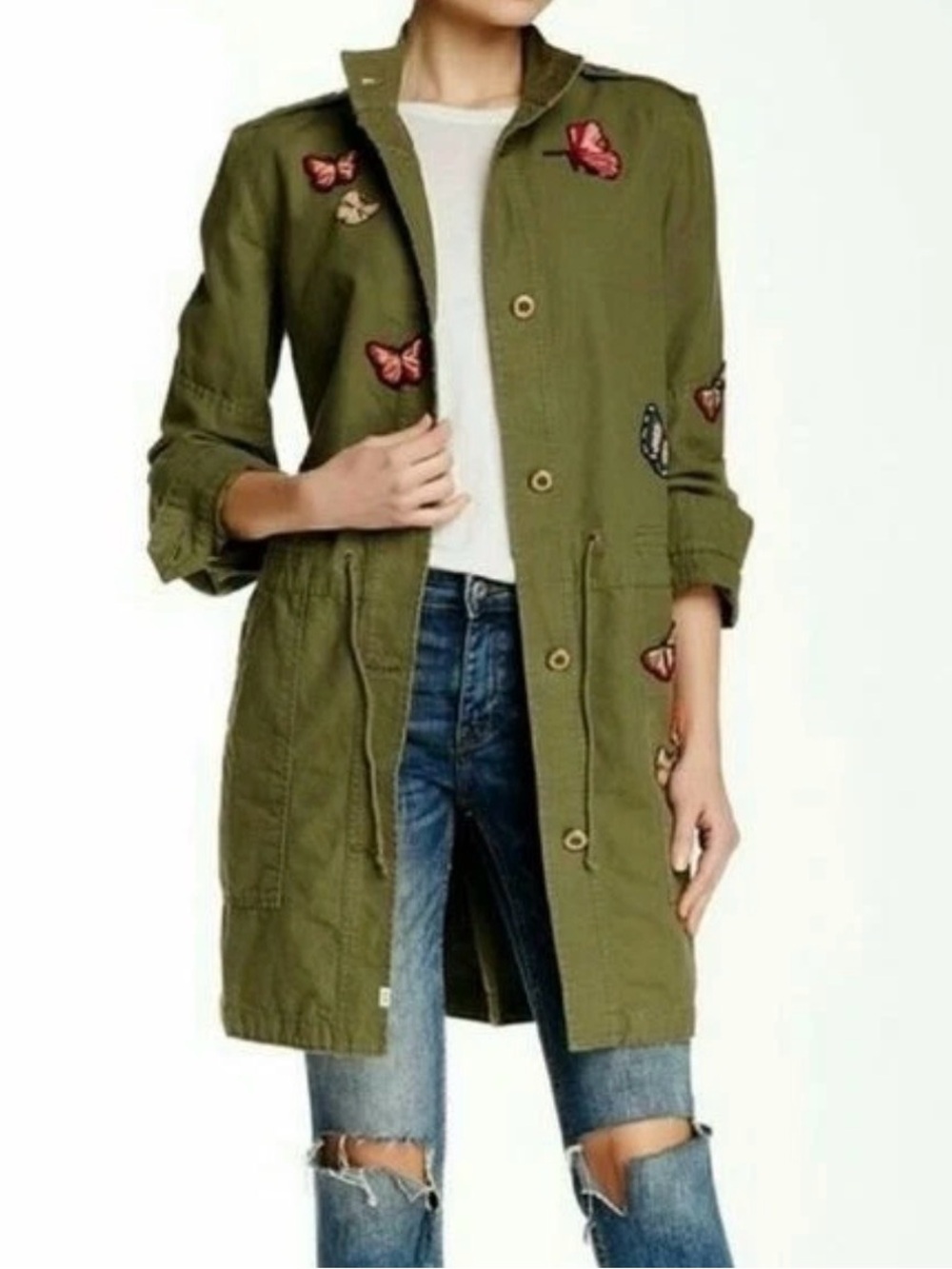 Melrose and Market Olive Green Butterfly Patch Utility Trench Coat Jacket M Boho